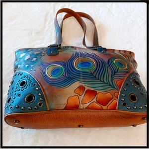 (EUC) ANUSCHKA, VINTAGE, GENUINE LEATHER, HAND-MADE, PEACOCK & FEATHERS BAG